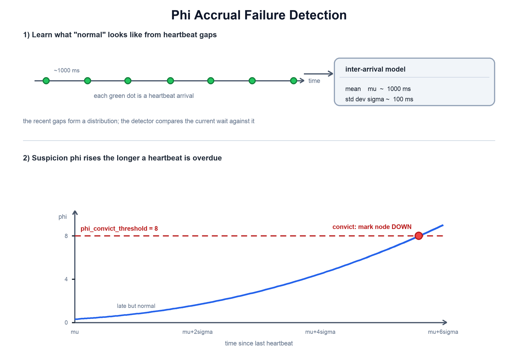 Phi accrual: inter-arrival model and the rising phi curve