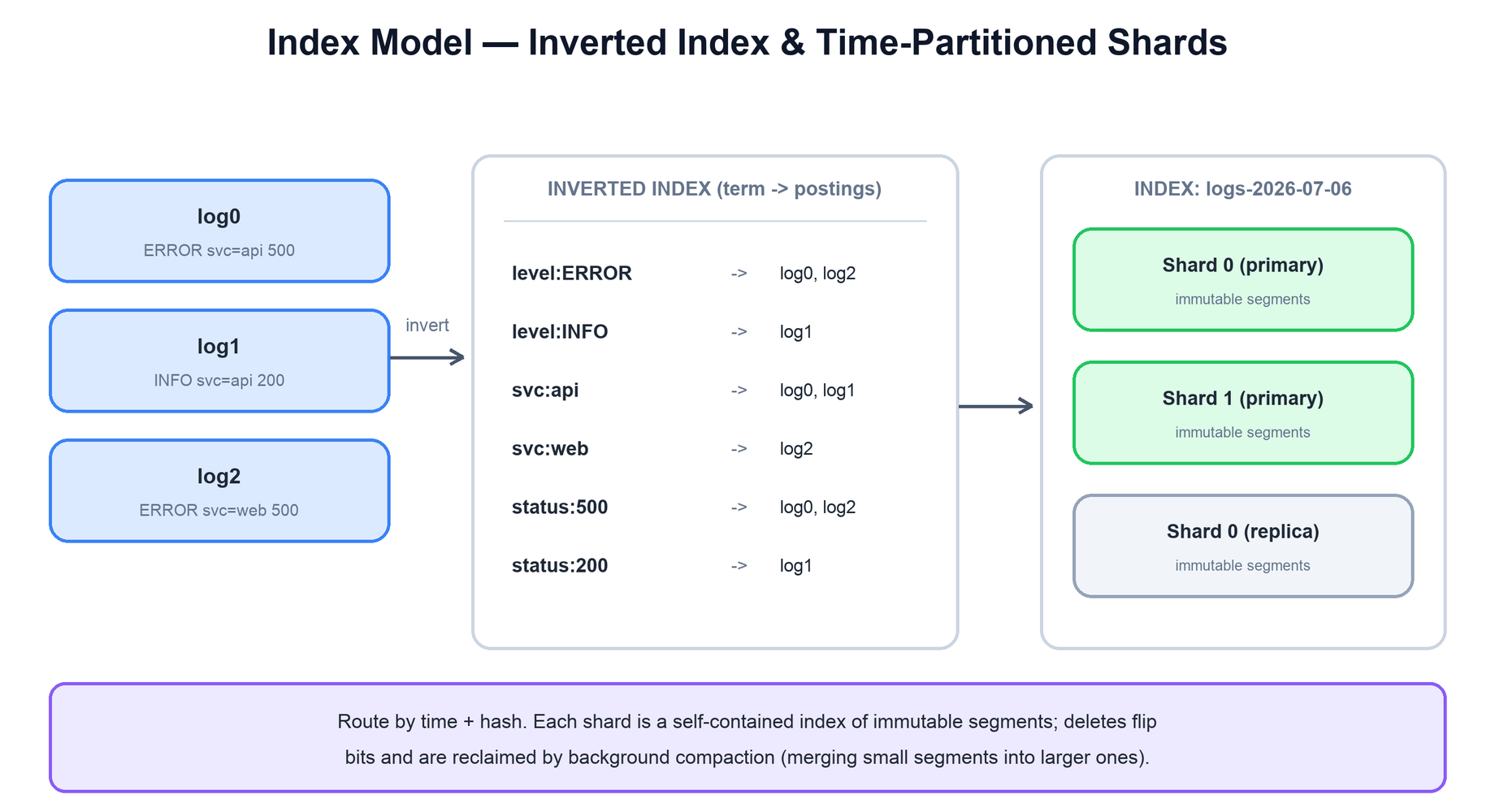Log lines inverted into a term-to-postings index, then organized into shards of immutable segments within a time-partitioned index