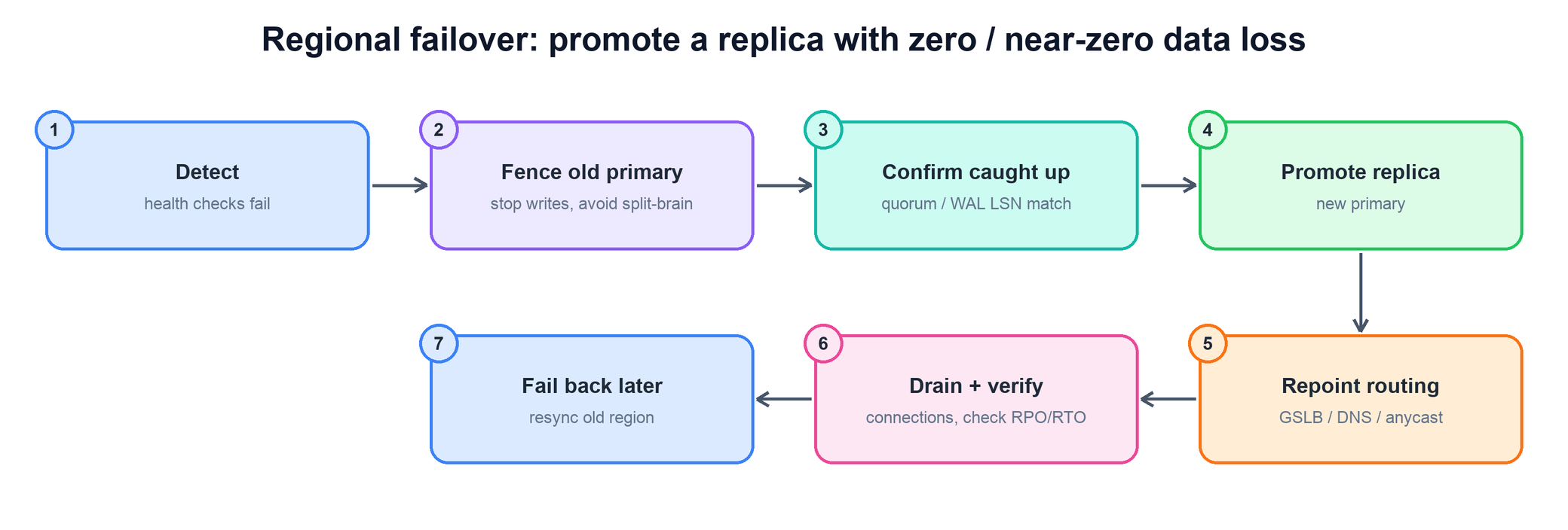 Failover sequence: detect, fence old primary, confirm replica caught up, promote replica, repoint routing, drain and verify, fail back later