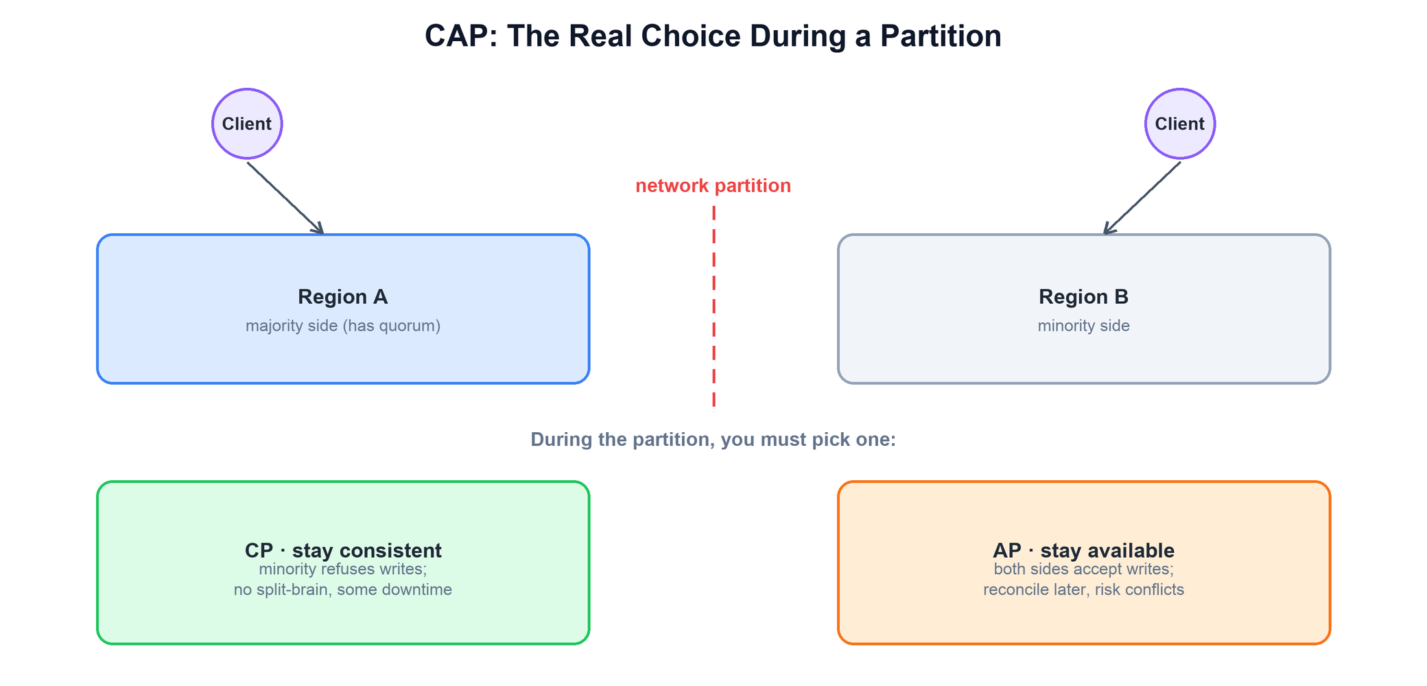 A network partition splits Region A (majority) from Region B (minority); during the partition you must choose CP (minority refuses writes) or AP (both sides accept and reconcile later)