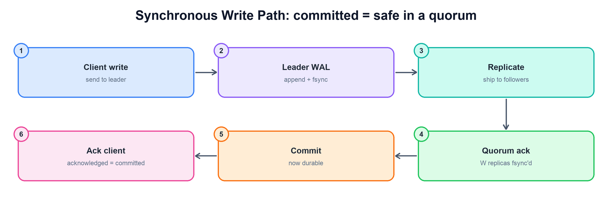 Synchronous write path as a sequence: client write to leader, leader appends WAL and fsyncs, replicate to followers, wait for quorum ack, commit, then acknowledge client