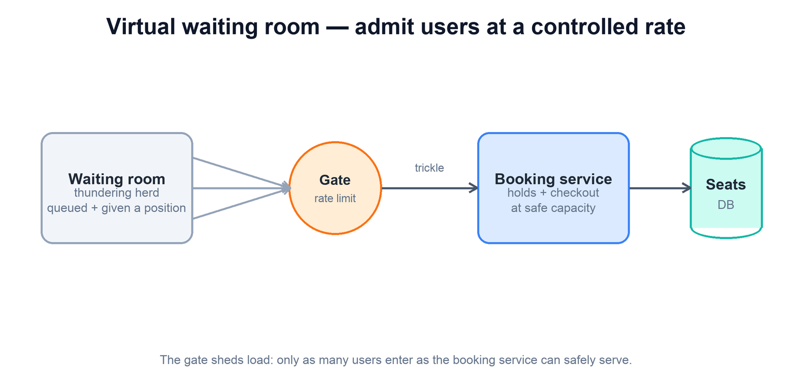 A waiting room admitting users at a controlled rate into the booking service